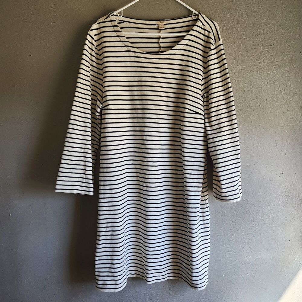 J.Crew XL Black White Breton Nautical Stripe Dress Stretch Cotton 3/4 Sleeve